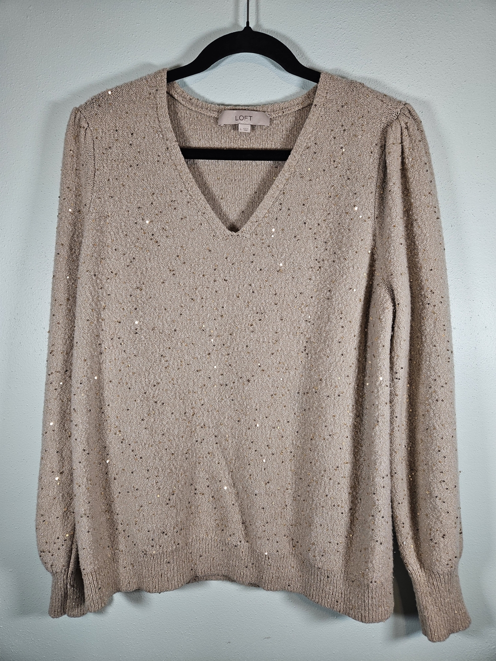 LOFT Taupe Sequin V-Neck Sweater
